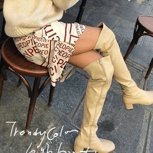 Beige Side Zipper Knee-High Boots